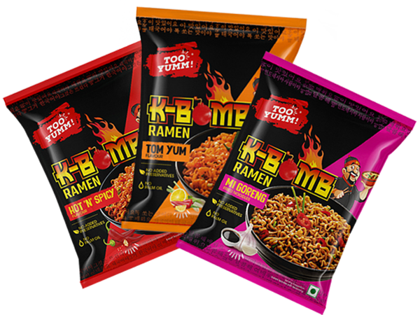 K-BOMB ramen packaging design for GenZ with vibrant visuals