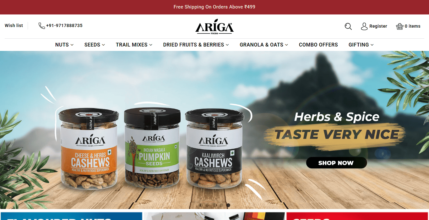 Ariga Foods website design services for food brand by website design company